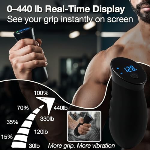 Digital Grip Strength Trainer, 0–440 lb Hand Gripper Strengthener with Real-Time Display (No Sound), 2 Modes: Test & Smart Vibration, Ergonomic Hand Grip & Forearm Strengthener, USB-C Rechargeable Hand Exerciser - color: Black
