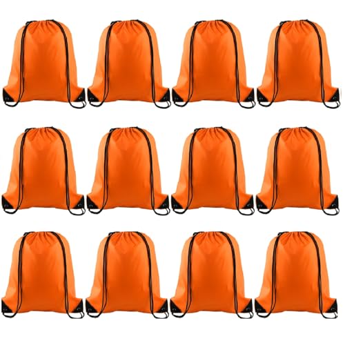 KUUQA 12 Pcs Drawstring Backpack Bags Bulk Orange Drawstring Bag Foldable Gym Bag Sports Cinch Sack String Backpack Storage Bags for Women Men Shopping Gym Travel Sports - color: Orange