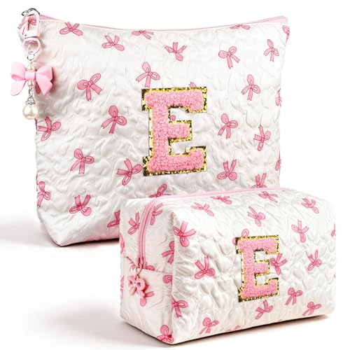 Initial Makeup Bag, Valentines Day Gifts for Women Teens Girls Birthday Gift Personalized Bow Cosmetic Bag, Quilted Cosmetic Travel Toiletry Pouch, Cute Makeup Organizer Teen Girl Gifts Trendy Stuff E - color: E