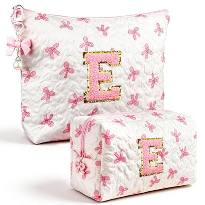 Initial Makeup Bag, Valentines Day Gifts for Women Teens Girls Birthday Gift Personalized Bow Cosmetic Bag, Quilted Cosmetic Travel Toiletry Pouch, Cute Makeup Organizer Teen Girl Gifts Trendy Stuff E - color: E