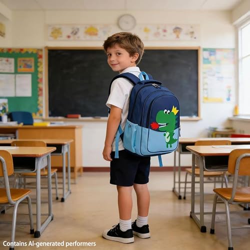 15 inch Primary School Kindergarten Schoolbag Leisure Cool Cute Cartoon Travel Backpack For Boys Girls Ages 6-10 Use - color: Dinosaur Blue-2, size: Large