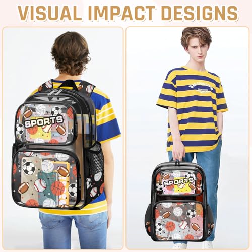 Clear Backpack for Boys and Girls,Kids Clear Backpacks for School,Heavy Duty Transparent Bookbag Stadium Approved - color: Black-multi Ball-backpack Only