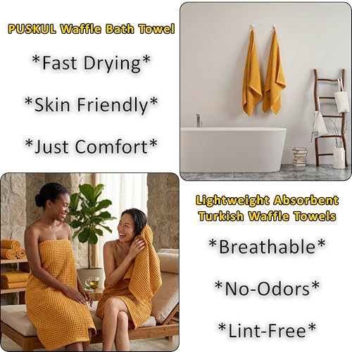 PÜSKÜL Natural 100% Turkish Cotton Waffle Bath Towels Set of 2-Piece | 32x63 Extra Large Absorbent Quick-Dry Lightweight Spa Towel | Luxury Sauna Accessories (Mustard Yellow Bath Towels - Pack of 2) - color: Mustrad Yellow