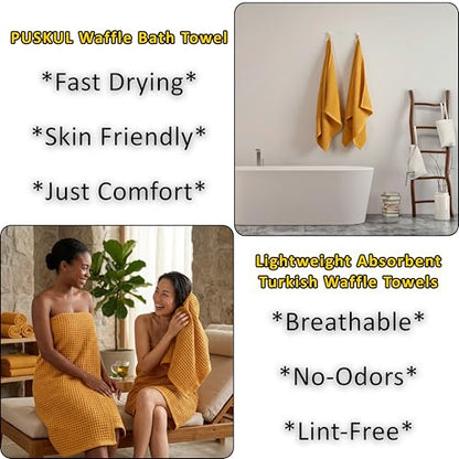 PÜSKÜL Natural 100% Turkish Cotton Waffle Bath Towels Set of 2-Piece | 32x63 Extra Large Absorbent Quick-Dry Lightweight Spa Towel | Luxury Sauna Accessories (Mustard Yellow Bath Towels - Pack of 2) - color: Mustrad Yellow