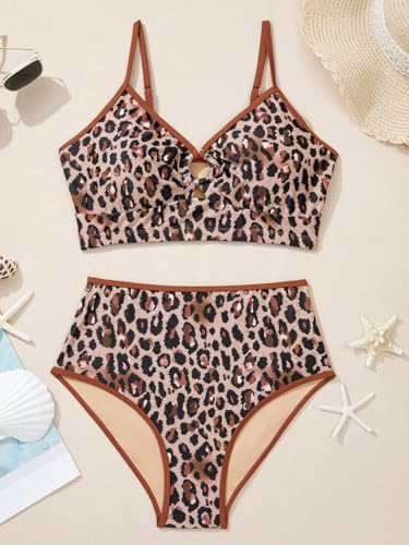 Herseas Women's O Ring Bikini Sets 2 Pieces Floral Print Swimsuits High Waisted Bathing Suits - color: Brown Leopard, size: Large