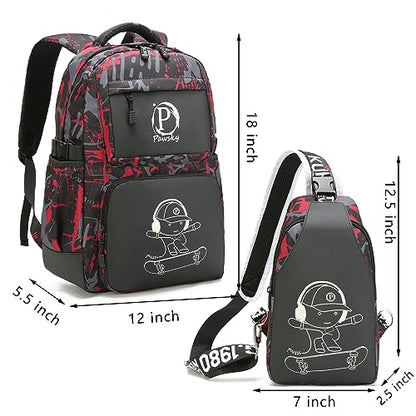 Skateboard Anime Luminous Backpack School Backpack with USB Charging Port for Teen Boys, College School Bookbag Lightweight Laptop Bag with Sling Bag Set, Red - style: Skateboard-red1