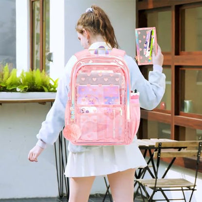 gxtvo 3PCS Transparent Backpack Heavy-Duty Set for Women & Teen Girls, 17" Pink Clear Bookbag with Rainbow Strap, Cute Love See Through School Bag - color: Pink Love Accents Clear Backpack Set