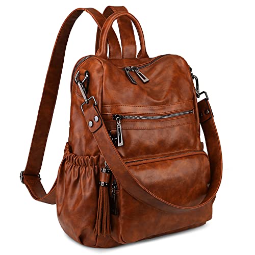 Uromee Travel Backpack Purse for Women Vegan Leather Ladies Fashion Tassel Shoulder Bag Convertible - color: 0243 Brown Oil Wax