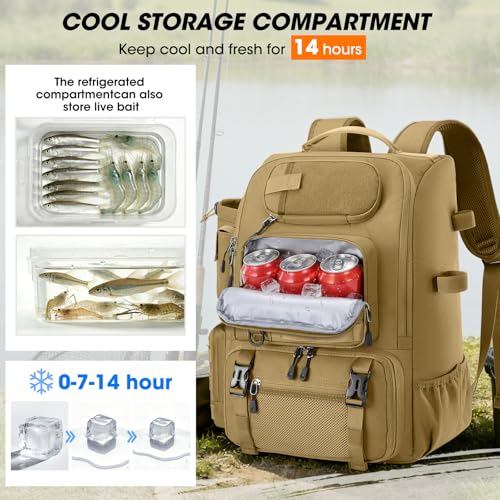 RAINSMORE Fishing Backpack with Rod Holders & Cooler 40L Water Resistant Tackle Backpack with Rain Cover Store Fishing Gear - color: Khaki