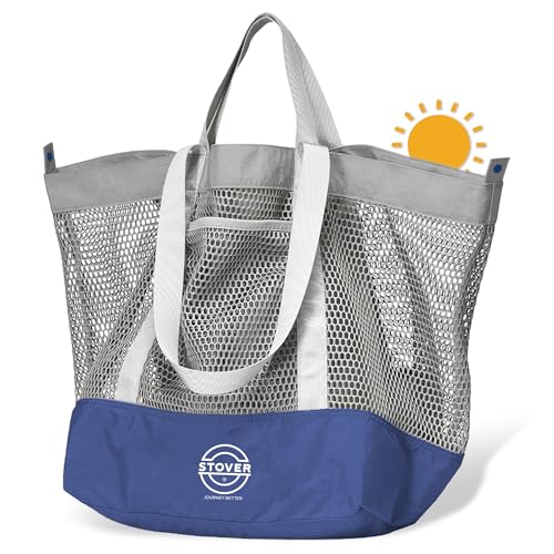 STOVER Extra Large Mesh Beach Bag, Vacation, Pool, Shopping & Travel Tote - Foldable w/Storage Pouch & Pockets for Women, Men - color: 01 - Coastal Grey