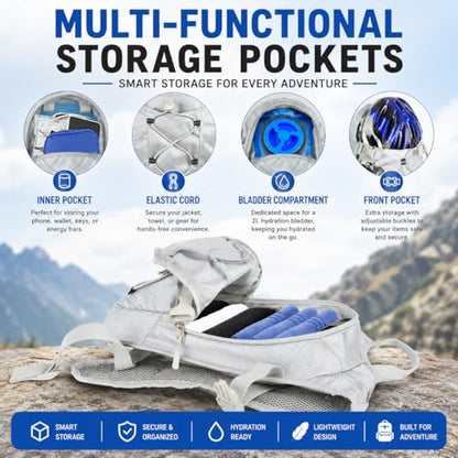 Zavothy Hydration Backpack with 2L Hydration Bladder Water Backpack for Hiking Hydration Pack for Running Cycling Hiking - color: Silver