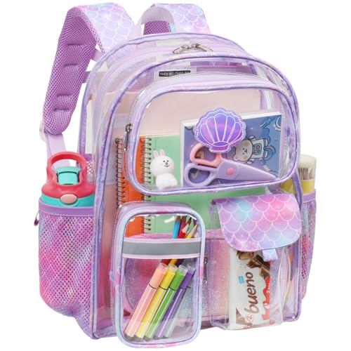 Bagseri Clear Backpack for Girls, 15 Inch Heavy Duty Kids Transparent Bookbag for School Kindergarten to 2nd Grade, Fits 12.5 Inch Folders, High Visibility Reflective Strips, Purple Mermaid - color: 1pcs, A-purple Mermaid, style: Backpack