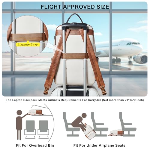 Vegan Leather Backpack for Women and Men, Fits 16.0 Inch Laptop, Multi-Pocket Design with Water Bottle and Luggage Strap, Ideal for Work, Travel, and Daily Use, Beige - color: 3-1 Beige