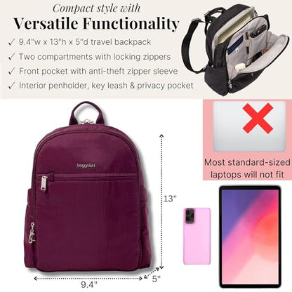 Securtex Anti-Theft Getaway Backpack - 9.4"x13"x5" Travel Safe Bag w/Locking Zippers, Slash-Resistant, RFID - color: Mulberry