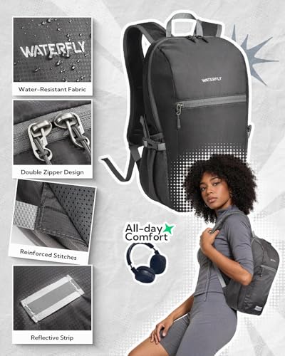 WATERFLY Small Lightweight Packable Backpack: 10L Mini Ultra Light Foldable Travel Sport Cycling Daypack with Breathable Shoulder Strap Outdoor Hiking Walking Day Pack for Women Men - color: Grey