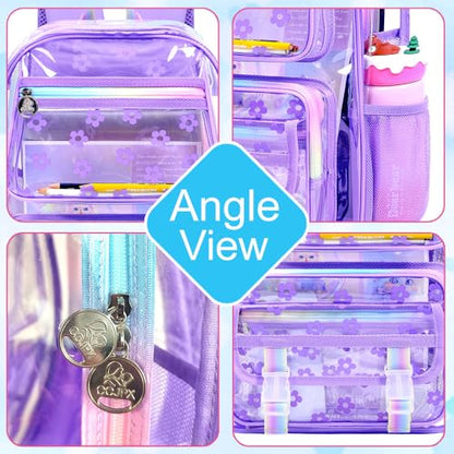 KLFVB See Through Backpack Heavy Duty, 3PCS Girls Clear School Bag Set, Cute Transparent Bookbag for Women - Plum Blossom Purple - color: Plum Blossom Purple Clear Backpack