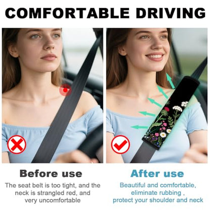 2Pcs Wildflowers Soft Auto Seat Belt Cover Pads, Flower Plant Car Seatbelt Shoulder Cushion for Comfortable Driving, Compatible with All Cars' Seatbelt and Backpack Straps 11x2.4inch - color: Wildflowers