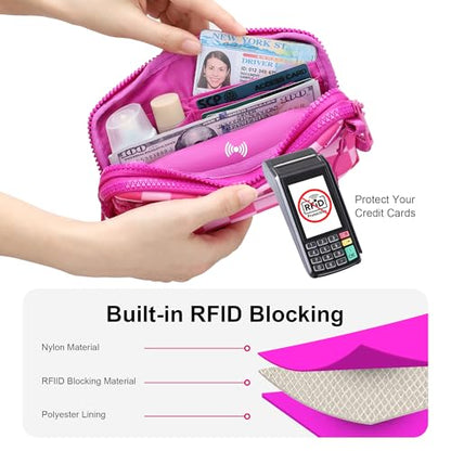 FODOKO Wristlet wallets for women Nylon Quilted Wallet with 4 Zippers,Travel Credit Card,Holder Cell Phone Organizer - color: Rose Red