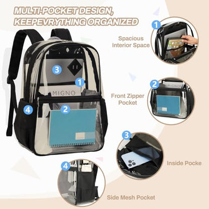 MUSEVOS Clear Backpack, Heavy Duty See Through Book Bag for Work, Security, Concerts, College Transparent PVC bookback Stadium Approved,Black(Semi-transparent) - color: Black