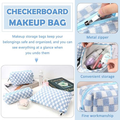 3 Pcs Makeup Bag Cosmetic Bag Set for Girls Women Checkered Travel Organizer Bathroom Toiletry Pouch Large Capacity Storage Bag (Blue-White) - color: Blue-White