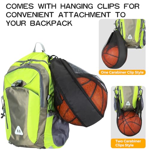 Single Ball Bag with Zipper Pocket Mesh Shoulder Bag with Buckle Clip Sport Equipment Storage Net for Carrying Multiple Sports - Basketball, Soccer, Volleyball, Rugby & More