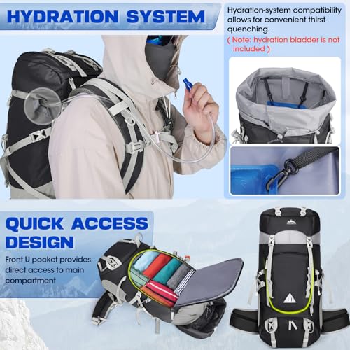 IGOLUMON 60L Hiking Backpack Waterproof Camping Backpack with Rain Cover Large Lightweight Backpacking Backpack for Men Women - color: Black