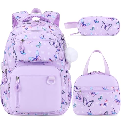 Bevalsa Backpack for Girls 3PCS Teen Girls Backpack for School with Lunch Bag Pencil Case Purple Cute Kids Laptop Backpacks Bookbag for Elementary Middle High School College Student (Butterfly) - color: Purple Butterfly