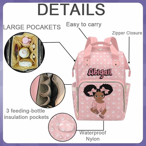 Newcos Personalized Crown Print Diaper Bag with Name Custom Africa Black Women Nappy Bags Travel Casual Mummy Backpack for Mom Women Pink - color: 230112-2