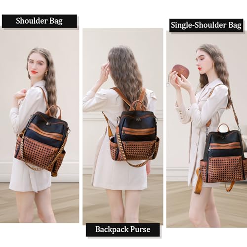 AGLOD Leather Backpack Purse for Women Designer Ladies Shoulder Bag Fashion Faux Work Travel Handbags - color: Woven Black-brown