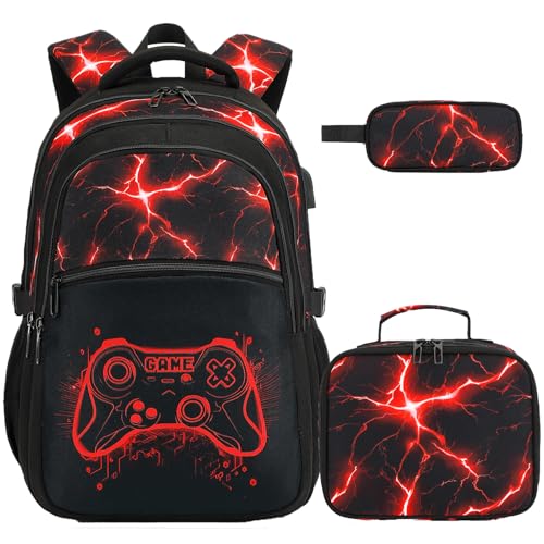 DIGOBAY Boys Backpack for School, 3PCS Cool Luminous Gamer Backpack for Boys with Lunch Box Pencil Case, Kids Backpacks Bookbag for Teen Boy Elementary Middle High School with USB Charging Port - color: Red-lighting
