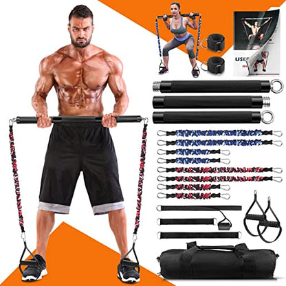DASKING Portable Home Gym Resistance Band Set With8 Anti-Break Bands, Detachable 500LBS Pilates Bar, Full Body Workout Equipment w/Ankle Straps & Door Anchor - style: Black
