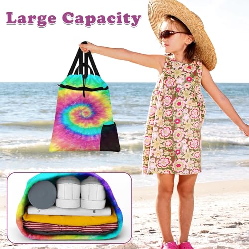 Tie Dye Drawstring Backpack, 15” x 17” Waterproof Swim Bag for Beach Swimming Pool, Lightweight Foldable Gym Bag with Water Bottle Holder for Sports Travel - color: Tie Dye