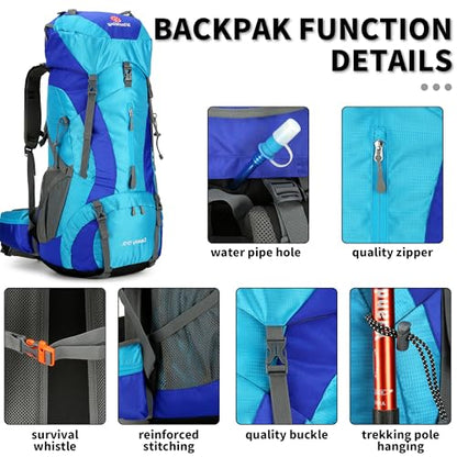 Hiking Backpack for Men and Women 70L+5L Waterproof Lightweight Camping Daypack with Rain Cover for Outdoor Travel Mountaineering - Frameless (Blue) - color: Blue