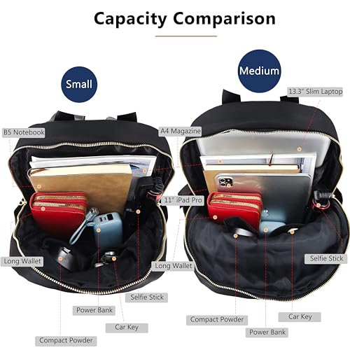 M-ioi-M Small Backpack Purse for Women, Fashion Nylon Daypack with Gold Hardware, Lightweight Water-Resistant Casual Commuting Bag for Work, College, City Walks, Fits up to 12" Tablet (Black, Small) - color: Black,small