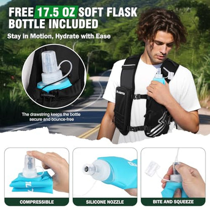 Running Vest for Women Men, Running Hydration Vest with 500ml Soft Flask & Touch-Screen Phone Pocket, Reflective Lightweight Hydration Backpack for Hiking with Adjustable Chest Waist Straps - size: Medium-Large (Chest 33"-45")