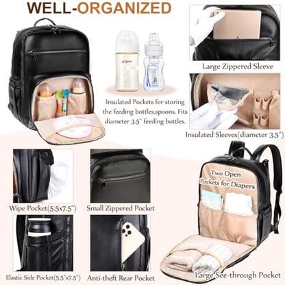 VASCHY Diaper Bag Backpack for Mum Dad, Unisex Large Waterproof Vegan Leather Baby Bag with Changing Pad,Insulated Pockets,Padded Laptop Sleeve for Travel,Black - color: Black