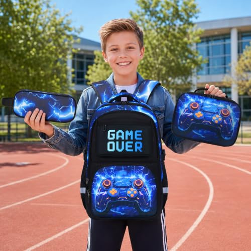 Scothen 3PCS Boys Backpack Set, Cool Backpack for Boys with Lunch Bag & Pencil Case, Kids School Bag Teen Boy Bookbag for Kindergarten Elementary Middle School with USB Charging Port - color: Blue Lightning