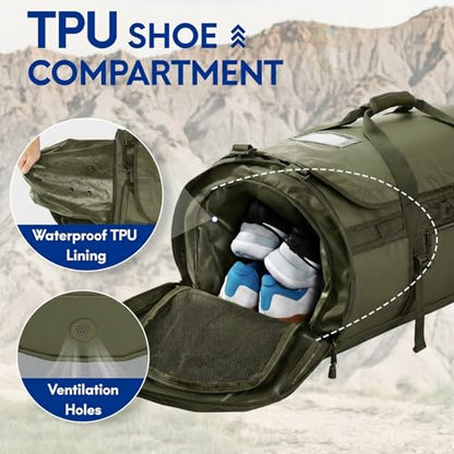 Haimont Heavy Duty Convertible Travel Duffel Backpack, Army Green, 45L | Shoe Compartment, Water-Resistant Tarpaulin, Wide U-Shaped Opening - color: Green, size: 45L
