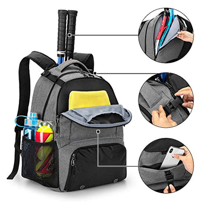 DSLEAF Tennis Backpack for 2 Rackets, Tennis Bag with Separate Ventilated Shoe Space for Tennis/Pickleball/Badminton/Squash Racquet and Accessories - color: Grey