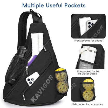 KAVIGOR Pickleball Sling Bag, Convertible Ultra-Light Backpack with Skin-Soft Fabric & Wet/Dry Pocket, Fits 4 Paddles + Gear - color: Classic Black