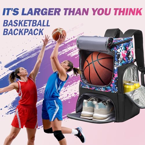 Basketball Backpack, Basketball Bag with Separate Ball Holder & Shoes Compartment Water Resistant Sports Bag Basketball Equipment Bags Fit Volleyball, Soccer, Swim, Gym, Travel, Camouflage (Small) - color: Pink-small