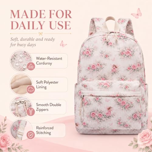 BTOOP School Backpacks for Teen Girls Bookbags Lightweight Kids Backpack School Bags Set with Lunch Box Pencil Case - color: Pink Flroal Fairy