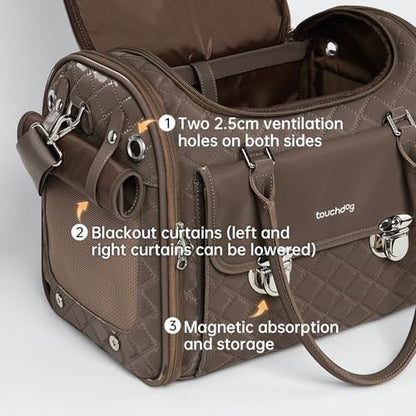 Touchdog Pioneer Light Luxury Pet Carrier Backpack, Airline-Approved Dog Soft-Sided Carriers with High-End Leather & Ventilated Design for Cats, TSA Compliant Pet Travel Carrier (Brown,L13'*W10'*H9')