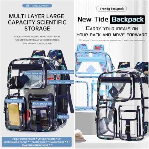 Clear Backpack-Heavy Duty PVC clear backpack for Stadium/Travel/Work,Dual Zippered Compartments&Mesh Side Pockets (blue Dinosaur) - color: Blue Dinosaur