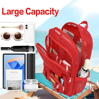 Mesh Backpack for Girls Boys, Women Mesh Bookbags Heavy Duty Semi-Transparent School Bag Net Back Pack for Travel, Beach, Swimming, Work - Red - color: Red