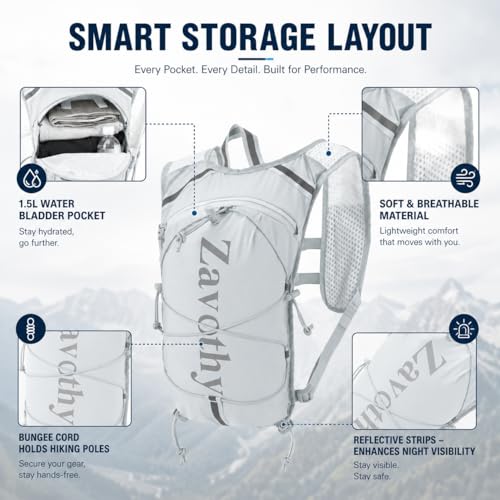 Zavothy Hydration Backpack with 1.5L Water Bladder, Lightweight Water Backpack for Women, Hydration Pack with Rain Cover for Running Hiking Cycling Festival, Reflective Bounce-Free Fit - color: Grey