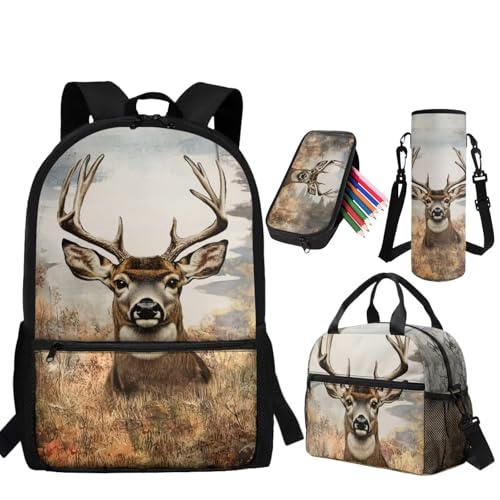 Deer Backpack for Boys School Backpack with Lunch Box Water Bottle Carrier and Pencil Case 4PCS Set Elementary School Backpacks for Boys Kids Bookbag with Adjustable Straps - color: Deer