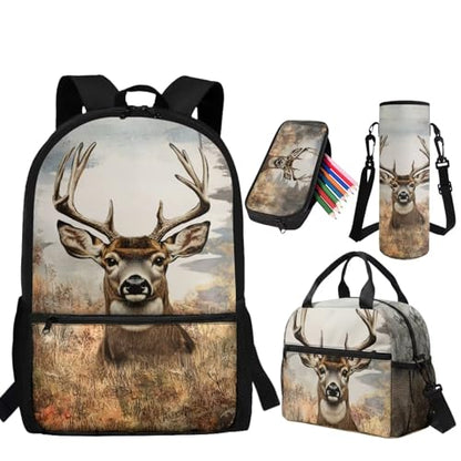 Deer Backpack for Boys School Backpack with Lunch Box Water Bottle Carrier and Pencil Case 4PCS Set Elementary School Backpacks for Boys Kids Bookbag with Adjustable Straps - color: Deer