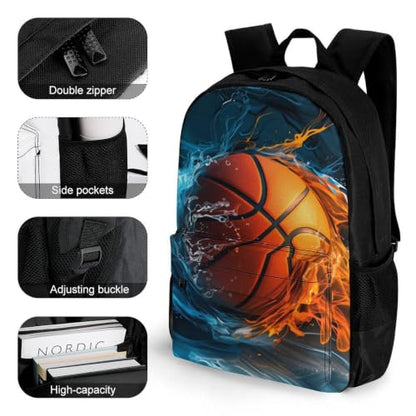 Basketball Fire Water Element Backpack, Durable Polyester Daypack with Laptop Compartment, Reinforced Bottom, Adjustable Shoulder Straps And Multi Pockets for Travel And Daily Use - color: Basketball Fire Water Element