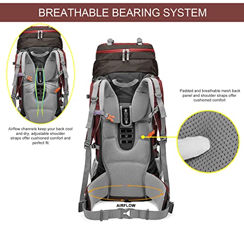 MOUNTAINTOP 80L Internal Frame Backpack for Man & Women Backpacking Hiking Backpack with Rain Cover - color: Maroon-80l